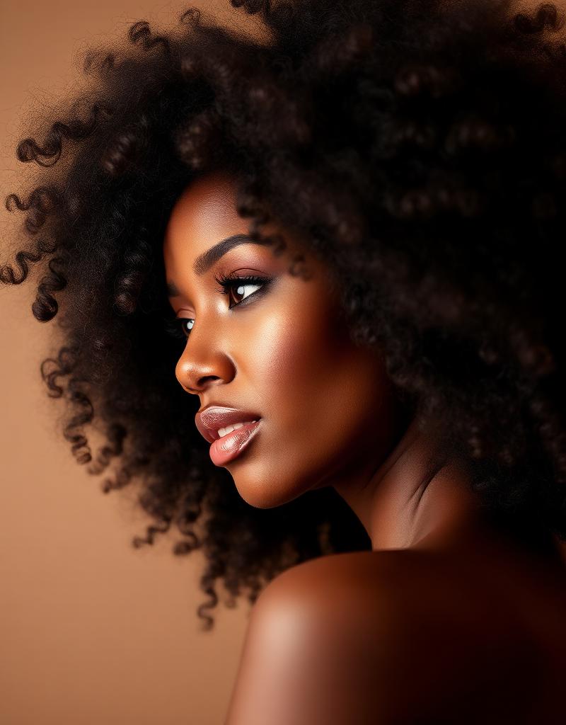 Model in profile with voluminous curly hair