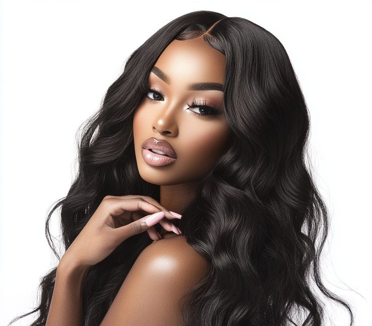 Model wearing a long body wave wig