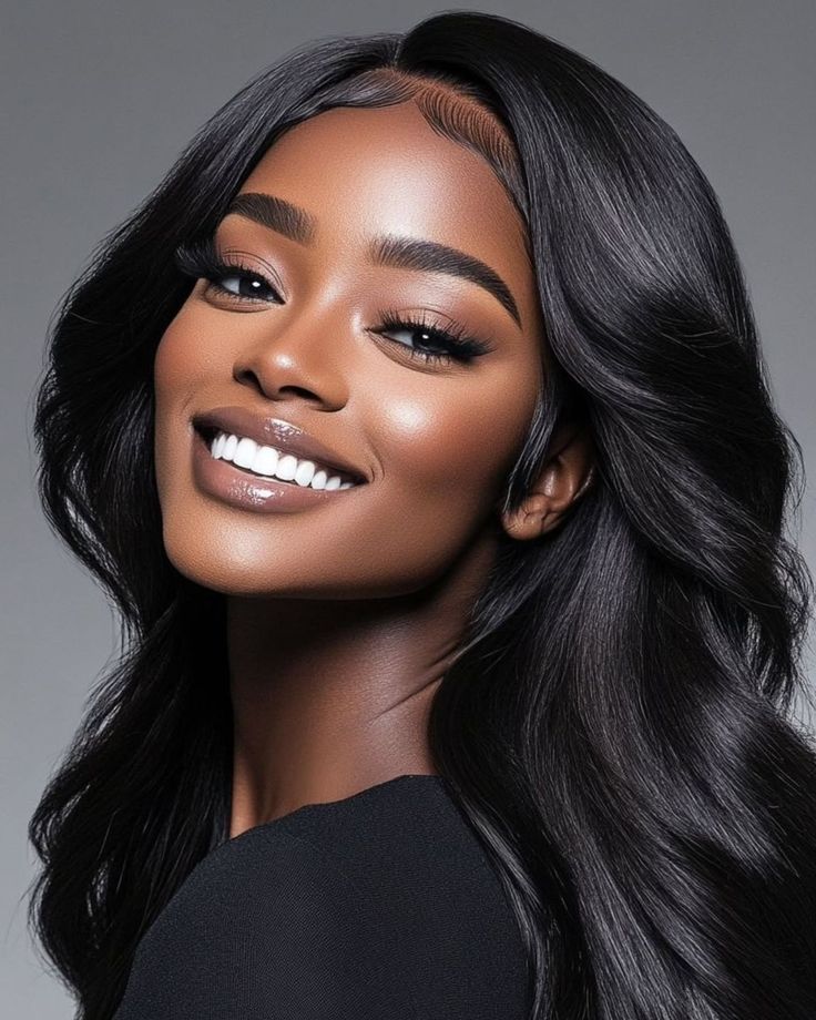 Smiling model with long, glossy black hair